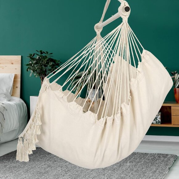 NWT Y-STOP Macrame Hammock Chair Beige, 2 Cushions Included - Picture 2 of 8
